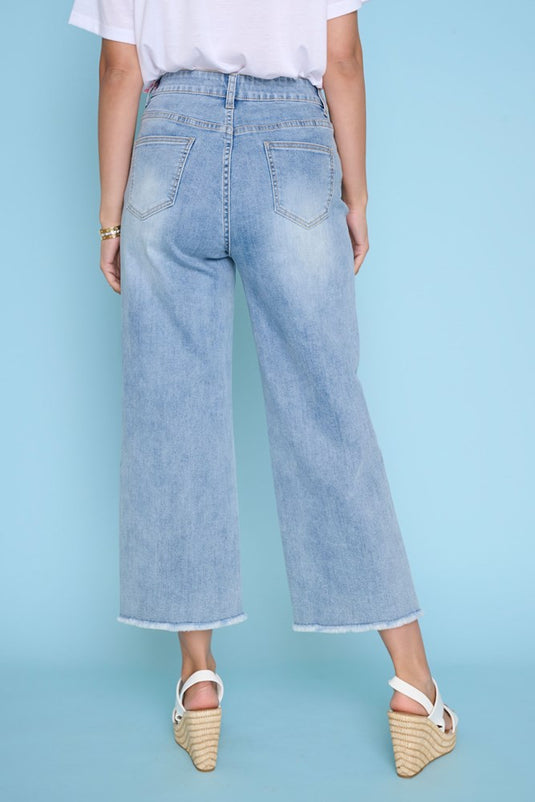 Picadilly Womens Wide Leg Cropped Jeans with Embroidery
