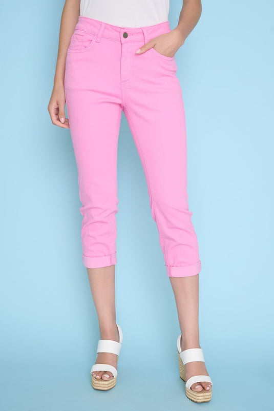 Picadilly Womens Cuffed Cropped Pink Jeans