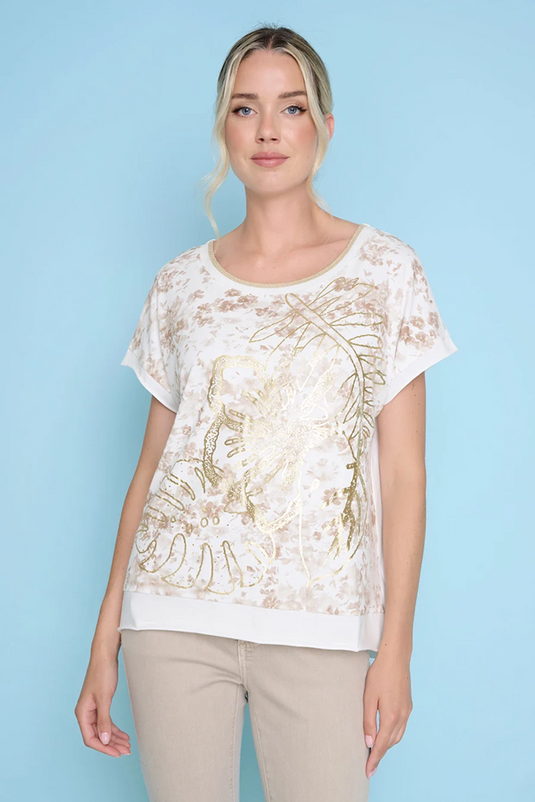 Picadilly Womens Solid Trim Printed Top