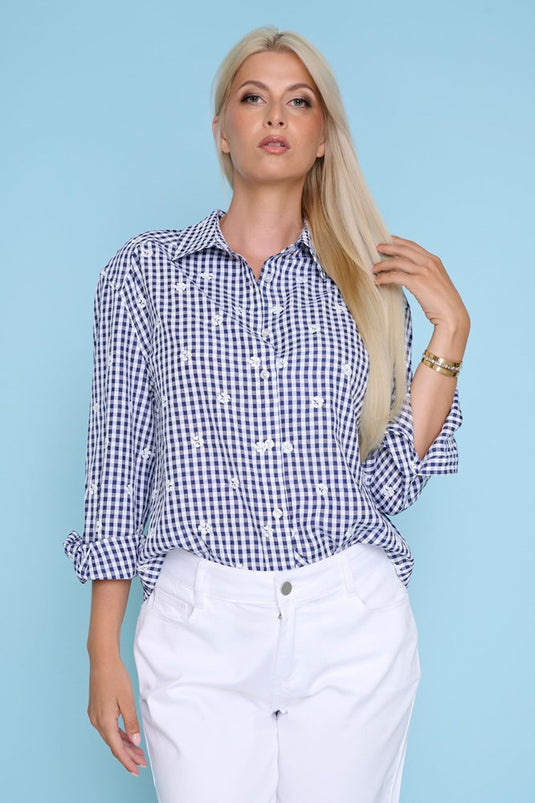 Picadilly Womens Gingham Shirt with Flower Embroidery