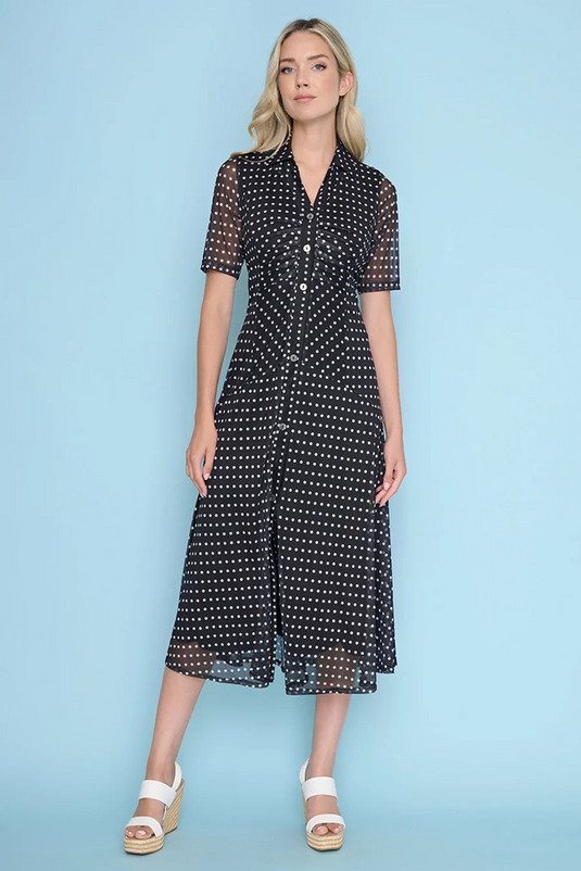 Picadilly Womens Polka-Dot Short-Sleeves Button-Down Long Dress