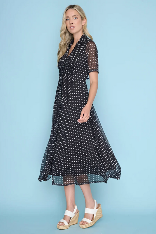 Picadilly Womens Polka-Dot Short-Sleeves Button-Down Long Dress