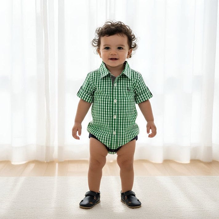 Load image into Gallery viewer, Love Henry Baby Boys Dress Shirt Romper - Bright Green Check
