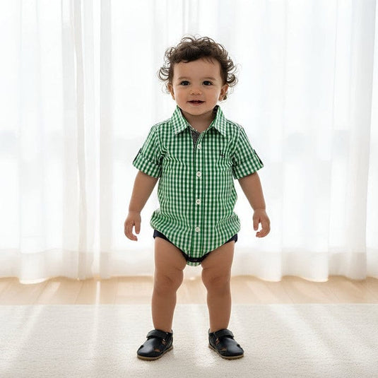 Love Henry Baby Boys Dress Shirt Romper - Bright Green Check