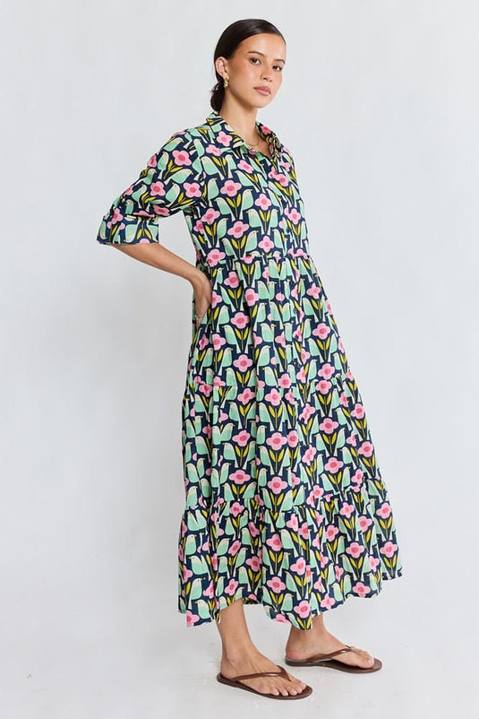 Ibisa Womens Maya Midi Dress - Navy