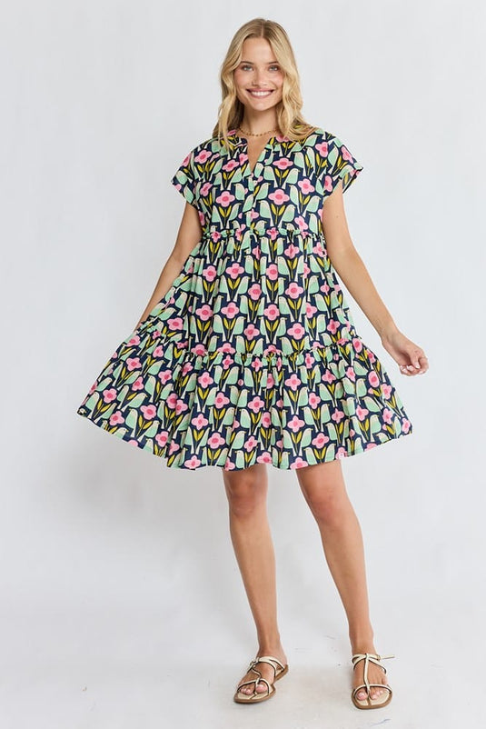 Ibisa Womens Maya Tiered Dress - Navy