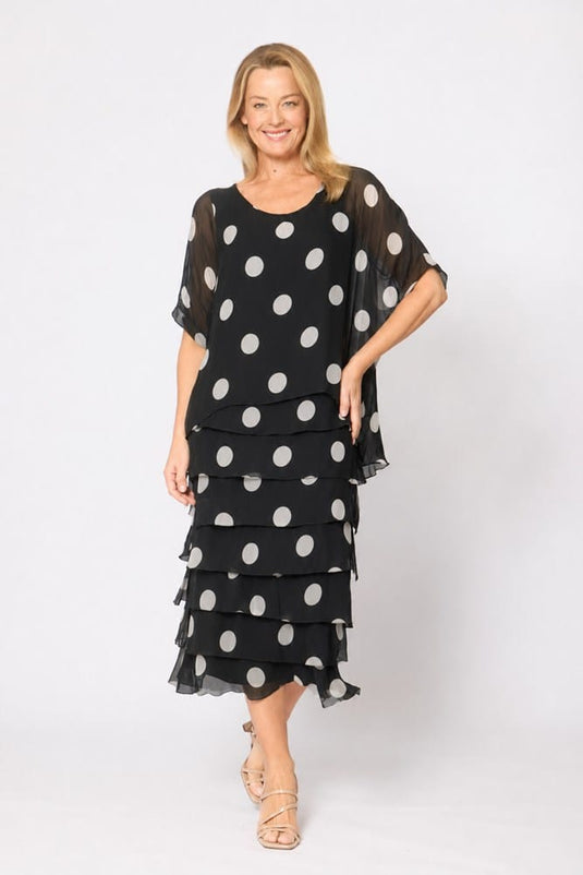 La Strada Womens Multi Layers Dress - Black/White Spots