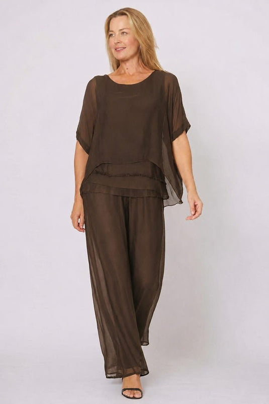 La Strada Womens Silk Blended Three Layers Raw Edge Top - Dark Brown