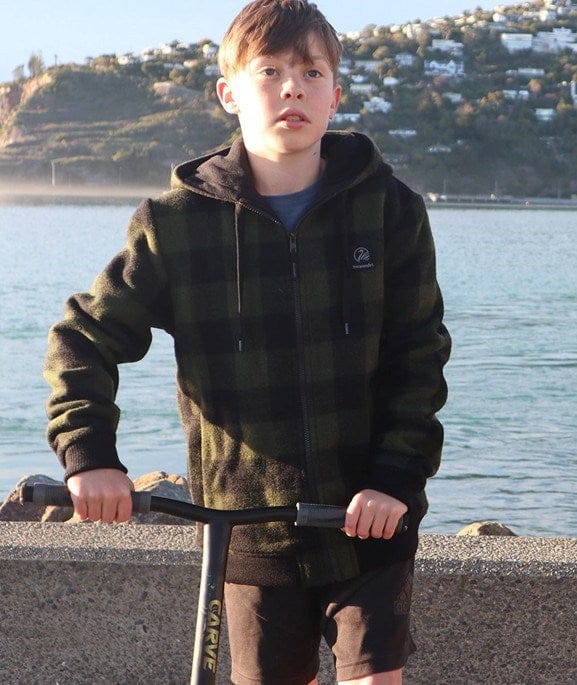 Load image into Gallery viewer, Swanndri Kids Crooked River Wool Hoodie - Olive Black Check
