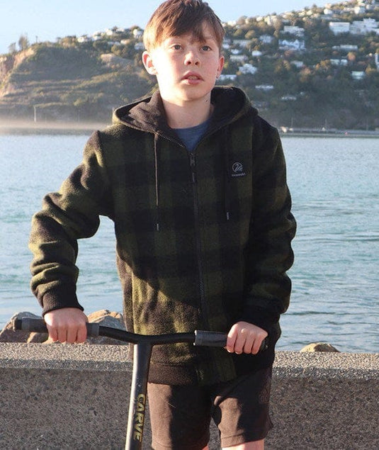 Swanndri Kids Crooked River Wool Hoodie - Olive Black Check