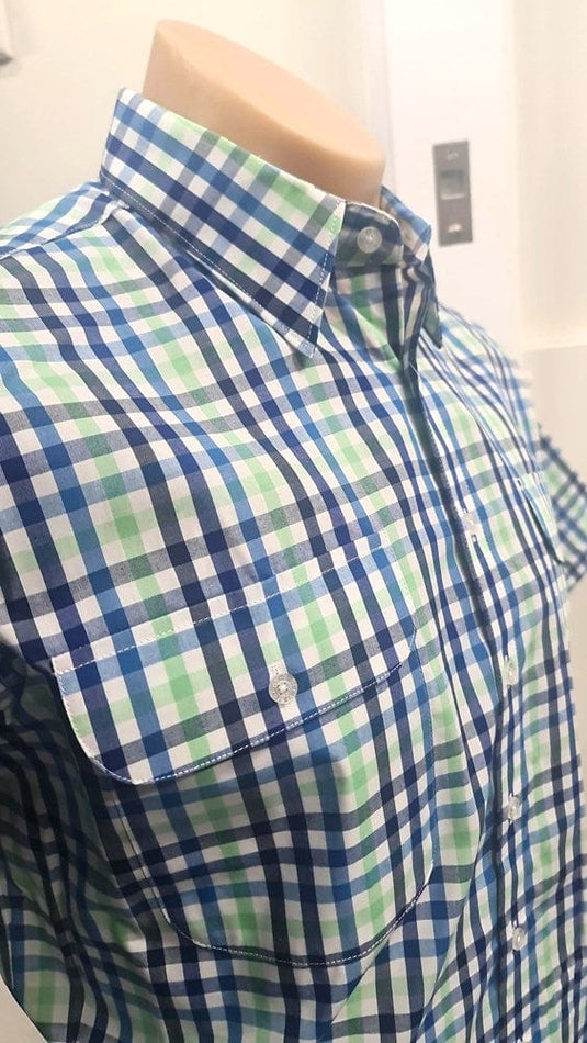 Bisley Mens Poly Cotton Short Sleeve Shirt - Blue Green Check