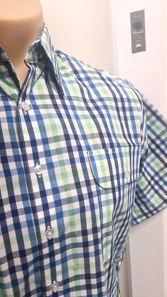 Bisley Mens Poly Cotton Short Sleeve Shirt - Blue Green Check