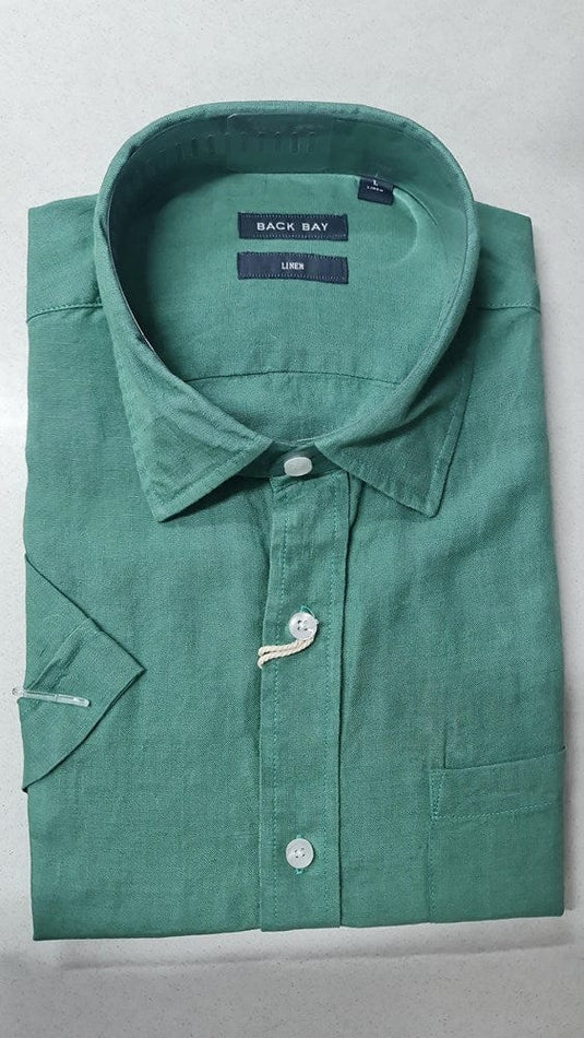 Back Bay Mens Linen Plain Short Sleeve Shirt - Evergreen