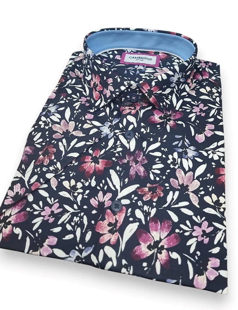 Load image into Gallery viewer, Cambridge Mens Portsea Modern Fit Short Sleeve Shirt - Navy Floral
