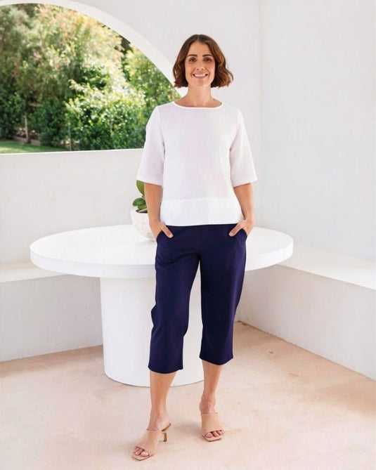See Saw Womens Linen 7/8 Flat Front Pant - Navy