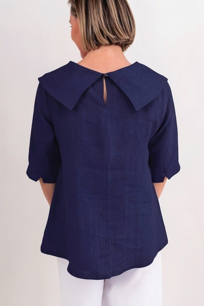 Load image into Gallery viewer, See Saw Womens Linen Short Sleeve Cowl Neck Top - Navy
