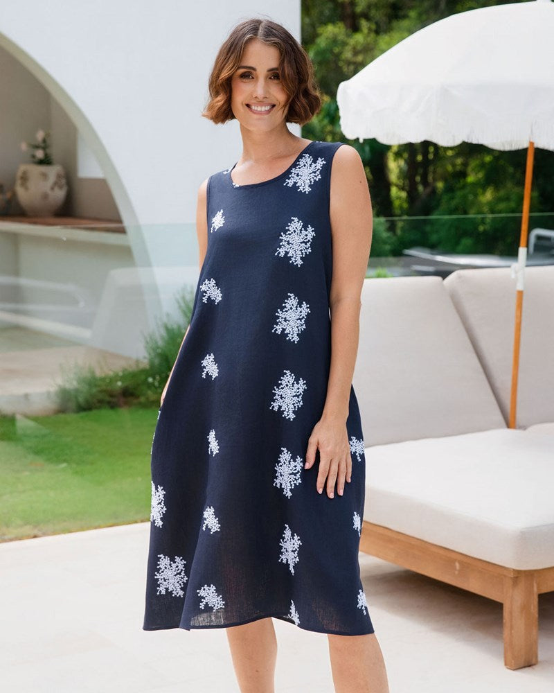 Load image into Gallery viewer, See Saw Womens Linen Embroidered Patterned Dress - Navy
