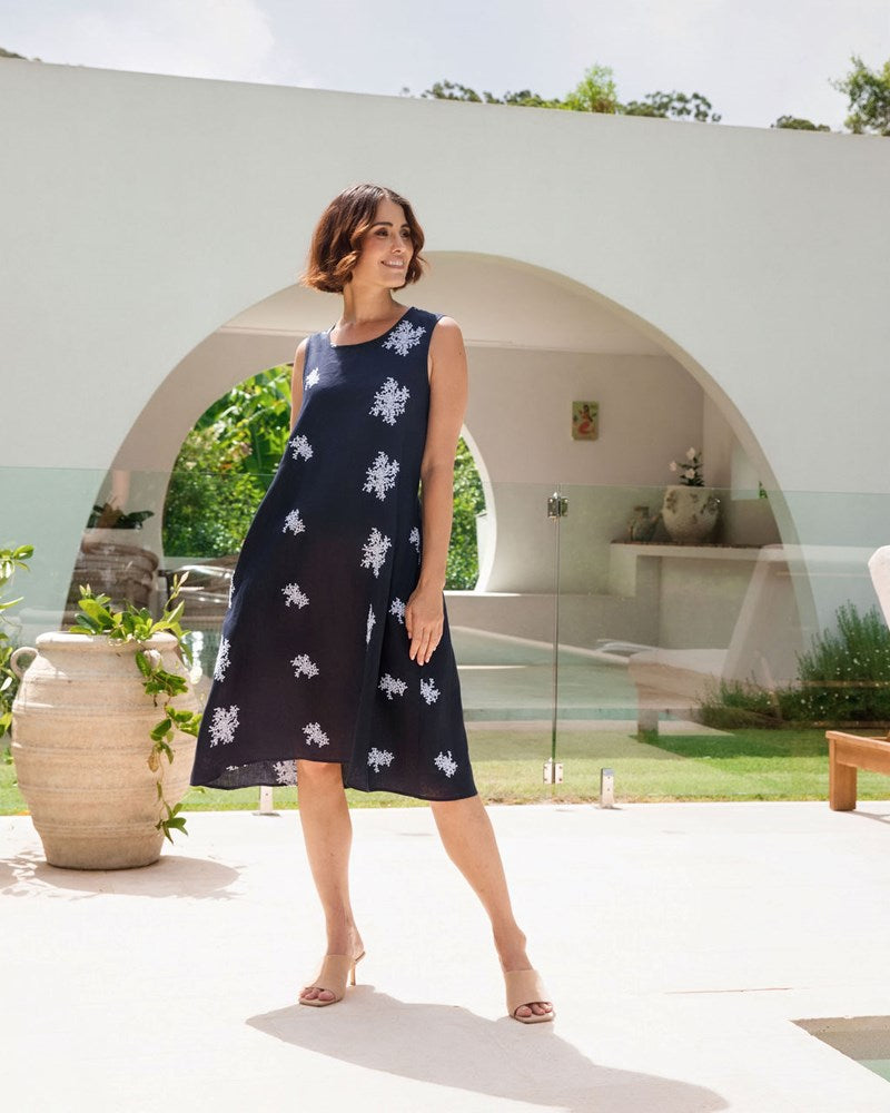 Load image into Gallery viewer, See Saw Womens Linen Embroidered Patterned Dress - Navy
