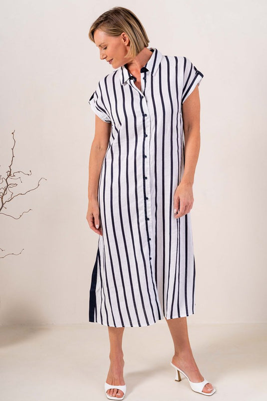 See Saw Womens Collared Button Down Navy/White Striped Dress