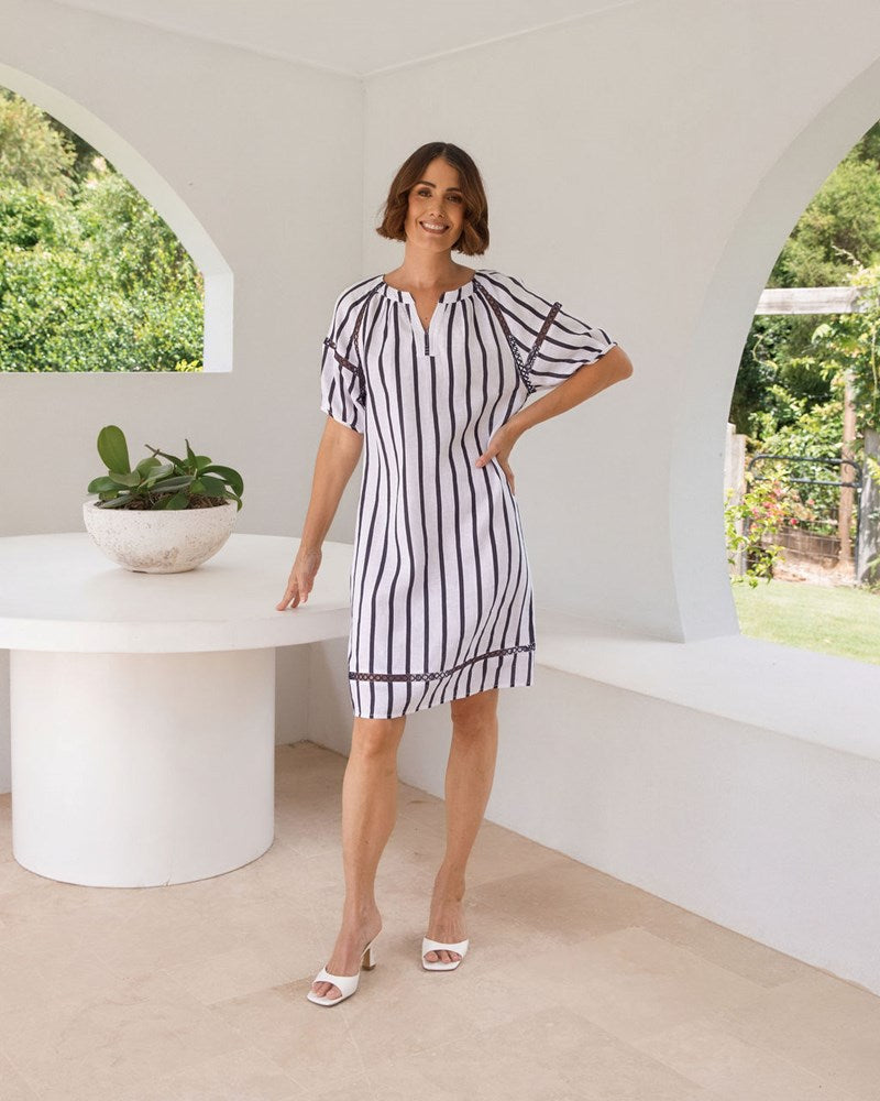 Load image into Gallery viewer, See Saw Womens Linen 3/4 Striped Lace Trim Dress - Navy/White
