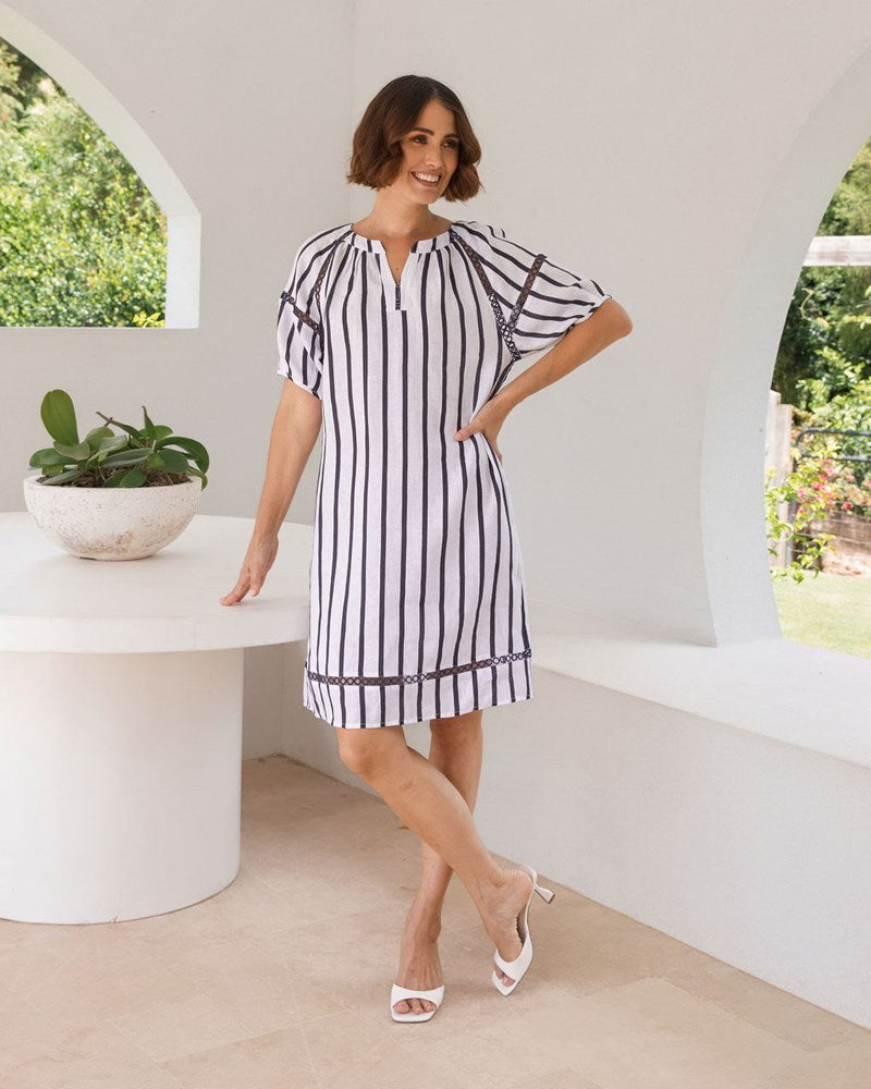 Load image into Gallery viewer, See Saw Womens Linen 3/4 Striped Lace Trim Dress - Navy/White
