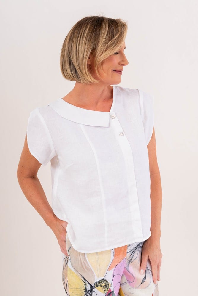 Load image into Gallery viewer, See Saw Womens 100% Linen Short Sleeved 2 Button Cowl Neck Top
