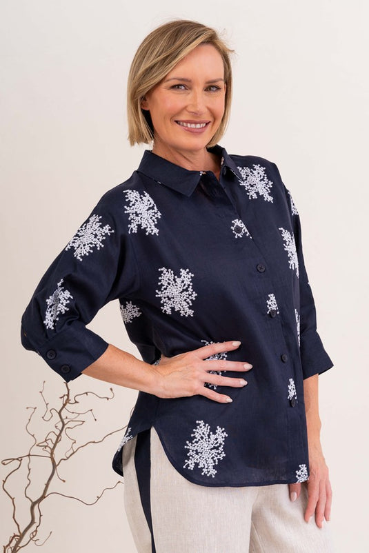 See Saw Womens 3/4 Sleeve Embroidered Shirt - Navy/White Blossom