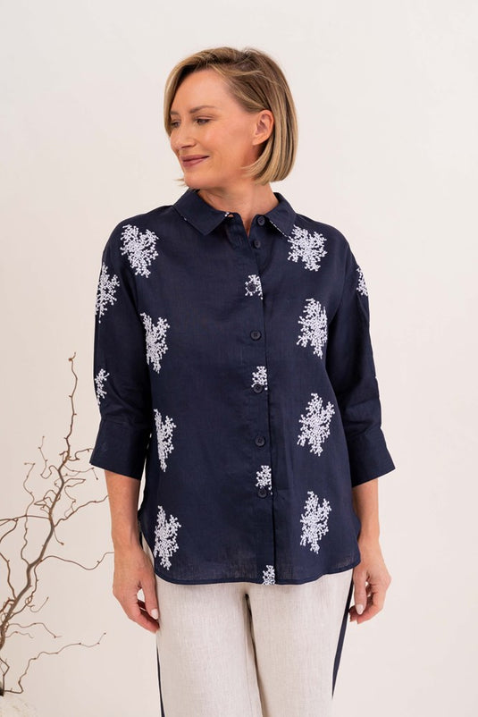 See Saw Womens 3/4 Sleeve Embroidered Shirt - Navy/White Blossom