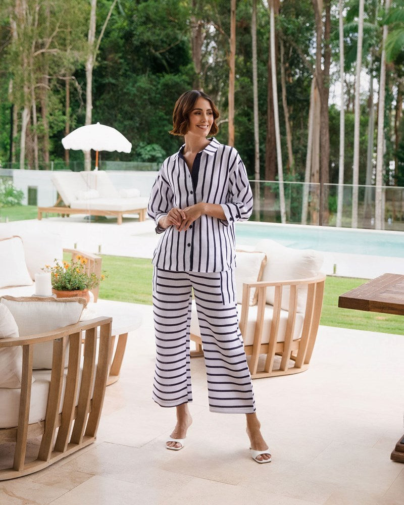 Load image into Gallery viewer, See Saw Womens Linen 3/4 Shirt - Navy/White Stripe
