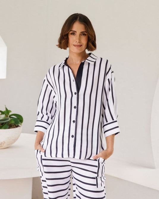 See Saw Womens Linen 3/4 Shirt - Navy/White Stripe