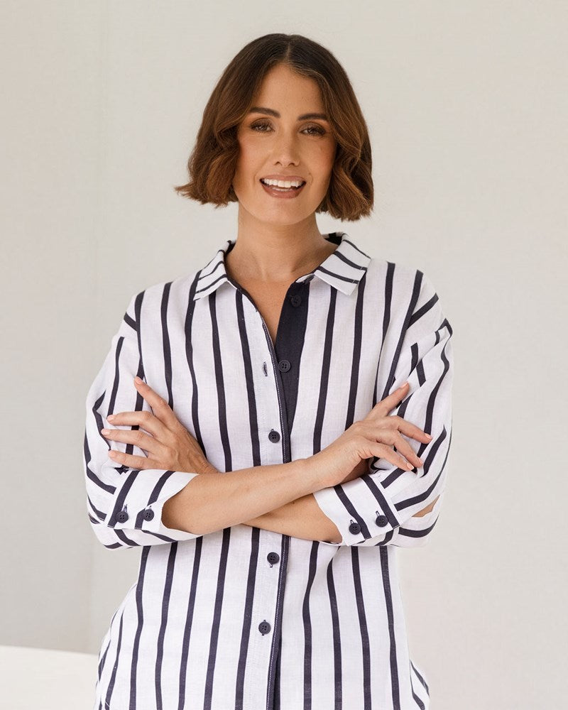 Load image into Gallery viewer, See Saw Womens Linen 3/4 Shirt - Navy/White Stripe
