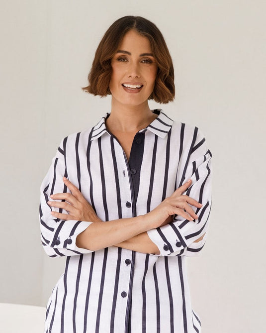 See Saw Womens Linen 3/4 Shirt - Navy/White Stripe