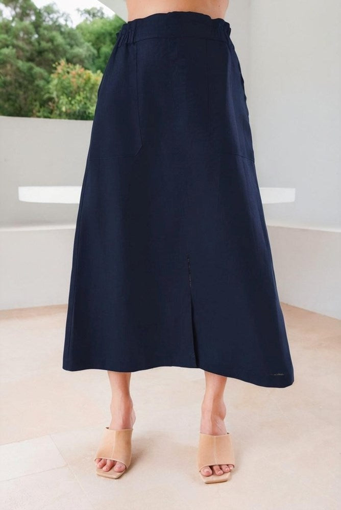 Load image into Gallery viewer, See Saw Womens 100% Linen Midi Skirt - Navy
