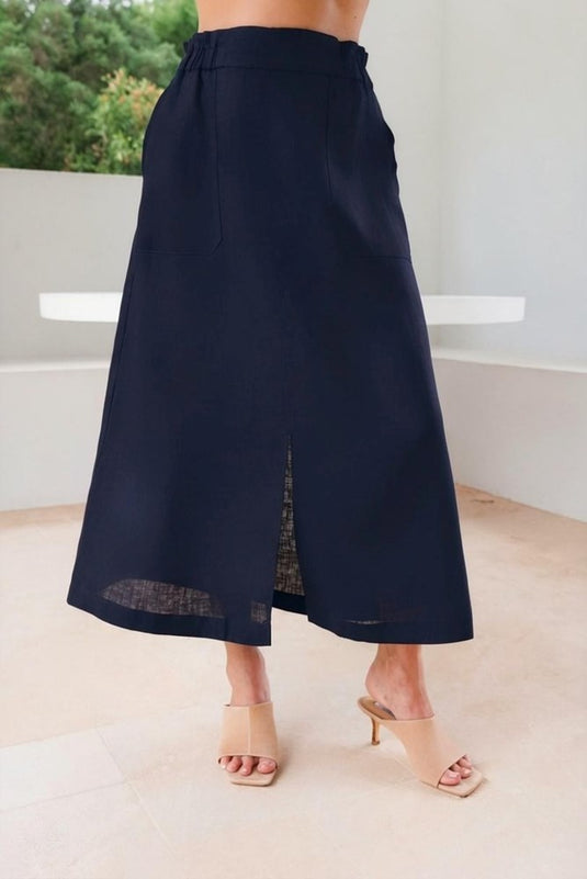 See Saw Womens 100% Linen Midi Skirt - Navy