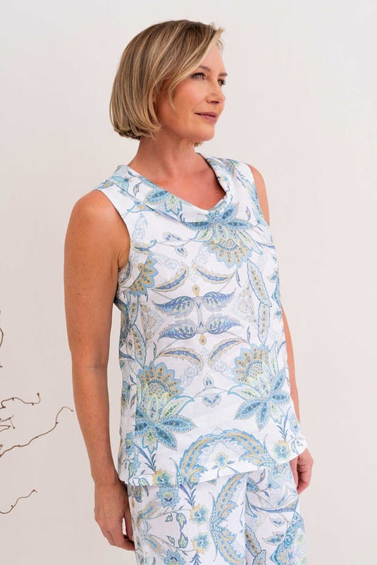 See Saw Women 100% Linen Sleeveless Cowl Neck Top