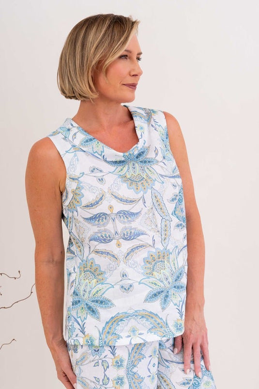 See Saw Women 100% Linen Sleeveless Cowl Neck Top