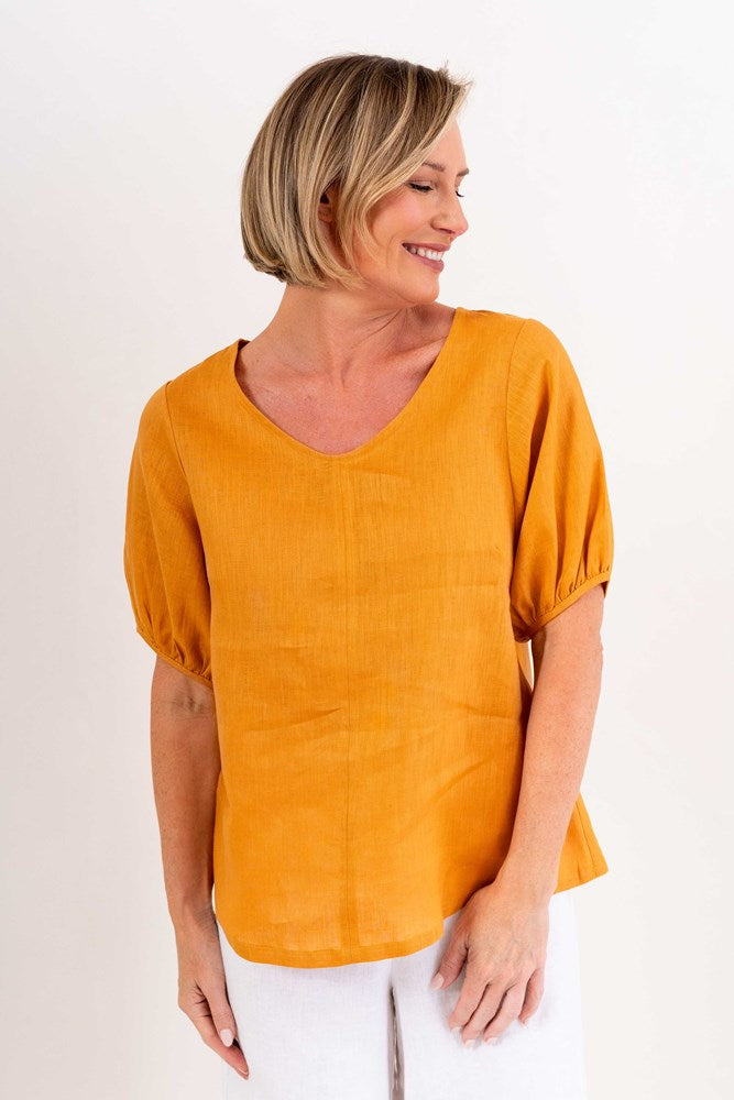 Load image into Gallery viewer, See Saw Womens Linen V Neck Swing Top - Marigold
