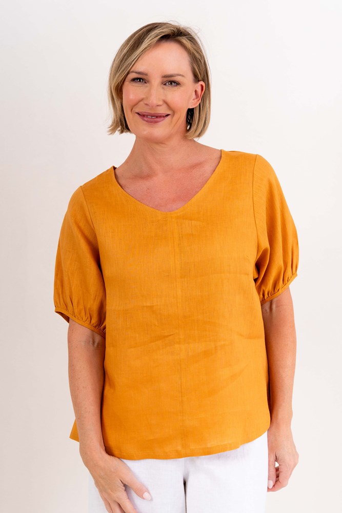Load image into Gallery viewer, See Saw Womens Linen V Neck Swing Top - Marigold
