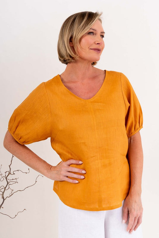 See Saw Womens Linen V Neck Swing Top - Marigold
