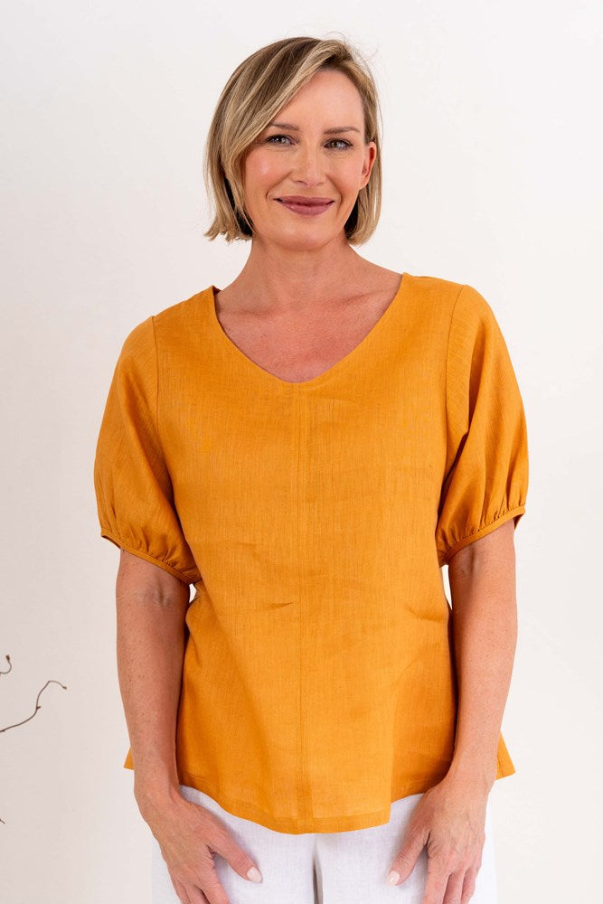 Load image into Gallery viewer, See Saw Womens Linen V Neck Swing Top - Marigold
