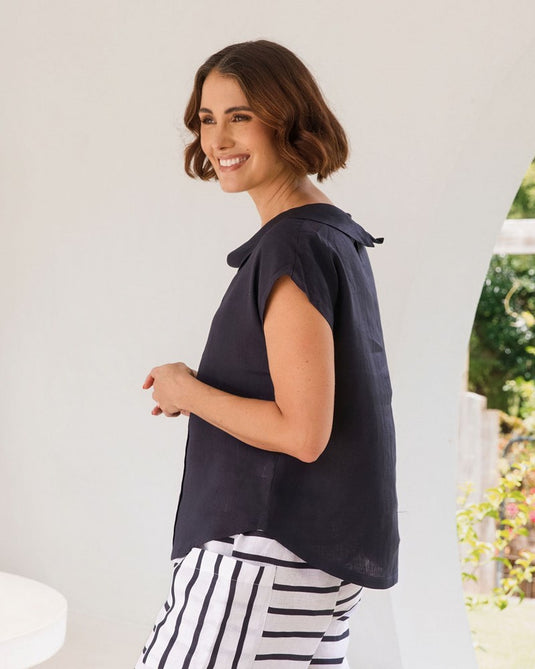 See Saw Womens Pleat Front Cowl Neck Top - Navy