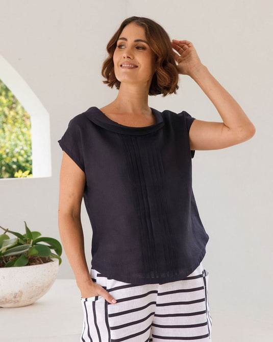 See Saw Womens Pleat Front Cowl Neck Top - Navy