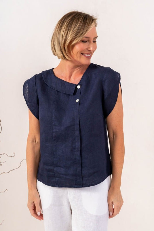 See Saw Womens 100% Linen Short Sleeve 2 Button Cowl Neck Top
