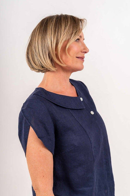 See Saw Womens 100% Linen Short Sleeve 2 Button Cowl Neck Top