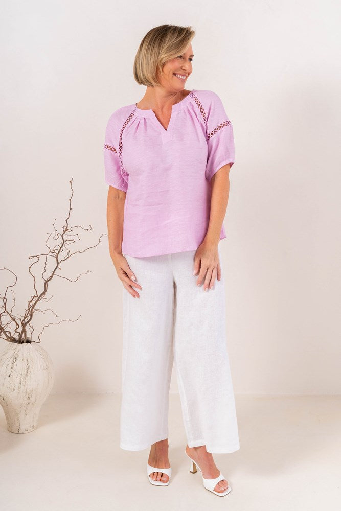 Load image into Gallery viewer, See Saw Womens Lace Trim Linen Top - Pink

