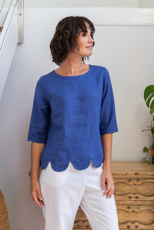 See Saw Womens Linen Short Sleeve Scallop Hem Top - Navy