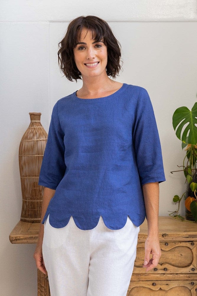 Load image into Gallery viewer, See Saw Womens Linen Short Sleeve Scallop Hem Top - Navy
