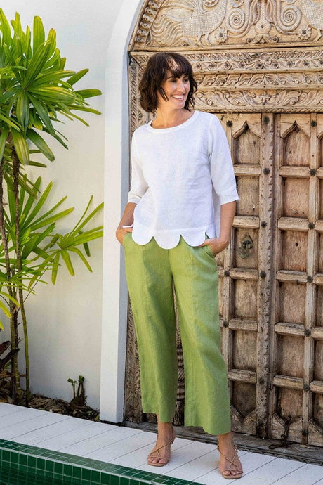 See Saw Womens Linen Short Sleeve Scallop Hem Top - White