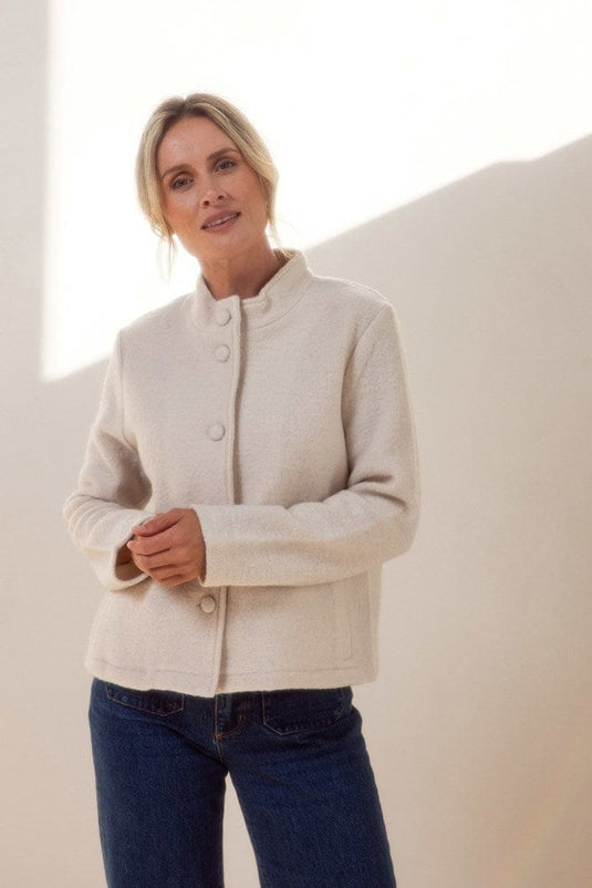 See Saw Womens 100% Boiled Wool High Neck 2 Pocket Jacket - Cream