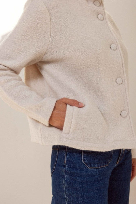 See Saw Womens 100% Boiled Wool High Neck 2 Pocket Jacket - Cream